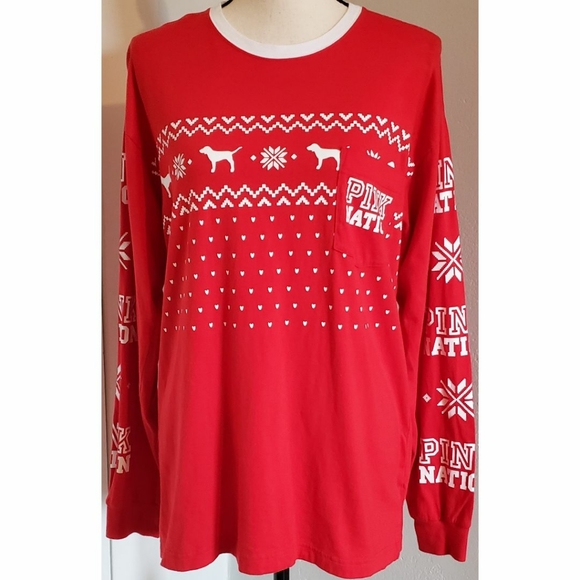 VS Pink Nation Red Christmas Holiday Shirt Logo Dog Long Sleeve Fair Isle Pocket - Picture 1 of 4